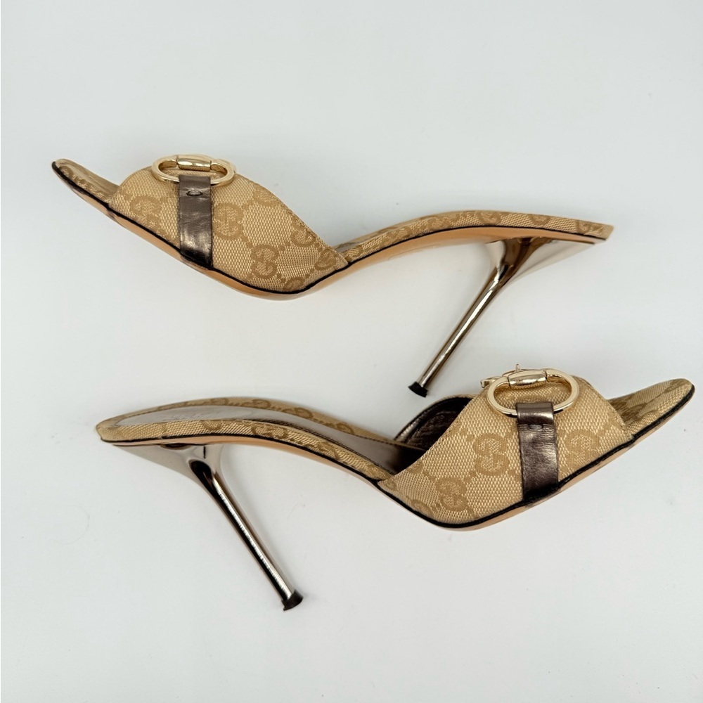 Gucci Beige Brown Gunmetal Grey GG supreme monogram horsebit mules heels Y2K 9.5 - Picture 4 of 9